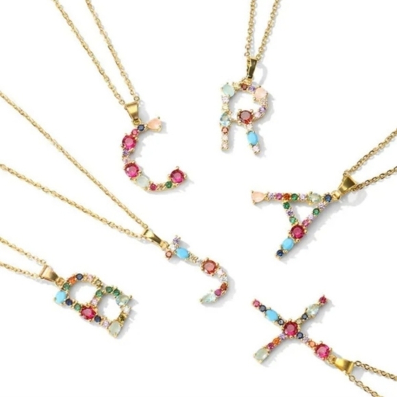 M Initial Pendant Necklace Multi-color Rhinestones Gold Tone Chain - Picture 12 of 16